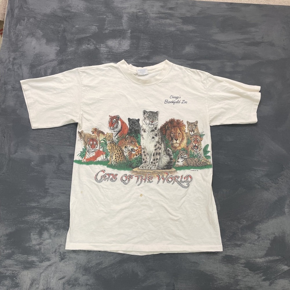 vintage Cats of the world shirt mens Large white 1990s Brookfield Zoo USA